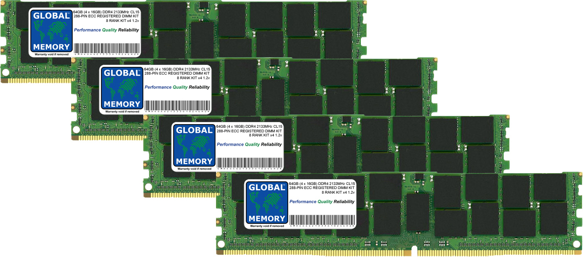 64GB (4 x 16GB) DDR4 2133MHz PC4-17000 288-PIN ECC REGISTERED DIMM (RDIMM) MEMORY RAM KIT FOR SERVERS/WORKSTATIONS/MOTHERBOARDS (8 RANK KIT CHIPKILL)